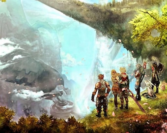 May include: Digital illustration of a fantasy landscape with a group of figures standing on a grassy hill, overlooking a vast canyon. The scene is filled with lush greenery, waterfalls, and a bright blue sky. The artwork has a detailed, painterly style.