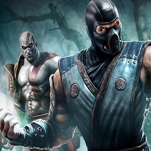 May include: A digital illustration featuring two characters: a pale, muscular warrior with a red tattoo holding a glowing blade, and a masked fighter in a blue sleeveless tunic with black armor plating, standing in a dark, misty forest setting.