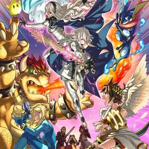 May include: A vibrant illustration featuring characters from the Super Smash Bros. series. Mario, Rosalina, and other fighters are depicted in dynamic action poses, with colorful energy effects and detailed character designs. The artwork has a dynamic composition.