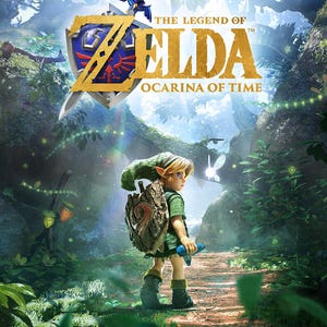 May include: A digital illustration featuring the title The Legend of Zelda Ocarina of Time with a character wearing a green tunic and cap, carrying a wooden shield and a blue ocarina, standing on a forest path with a glowing fairy nearby.