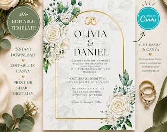 Elegant Greenery Wedding Invitation Template, Editable Canva Invite, Botanical Floral Wedding Invitation, Instant Download, Printable Invite