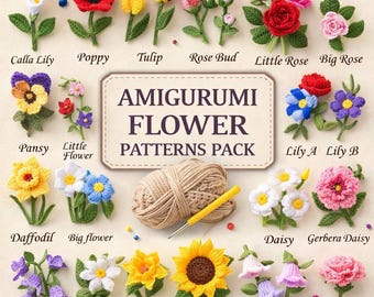 Paquete de más de 30 patrones de flores de crochet: tulipán, rosa y más. Flores amigurumi en PDF, decoración de bodas y patrones de crochet para regalos.