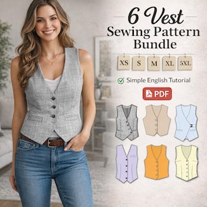 Puede incluir: Una mujer lleva un chaleco gris con cinturón marrón y vaqueros azules. La imagen muestra un paquete de patrones de costura con seis diseños de chalecos, tallas XS a 5XL, y el texto "6 Vest Sewing Pattern Bundle". Incluye un tutorial en PDF.
