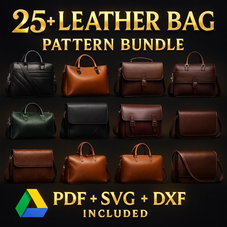 Puede incluir: Un conjunto de patrones de bolsos de cuero en varios estilos y colores, incluyendo negro, marr&oacute;n y verde. La imagen presenta bolsos de mano, maletines y bolsos mensajeros. El texto en la imagen dice "25+ LEATHER BAG PATTERN BUNDLE" y "PDF + SVG + DXF INCLUDED".
