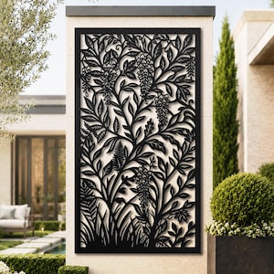 Wildflower Botanical Garden Metal Panel, Large Rustic Floral Wall Art, Outdoor Patio Privacy Screen with Optional RGB LED, Housewarming Gift