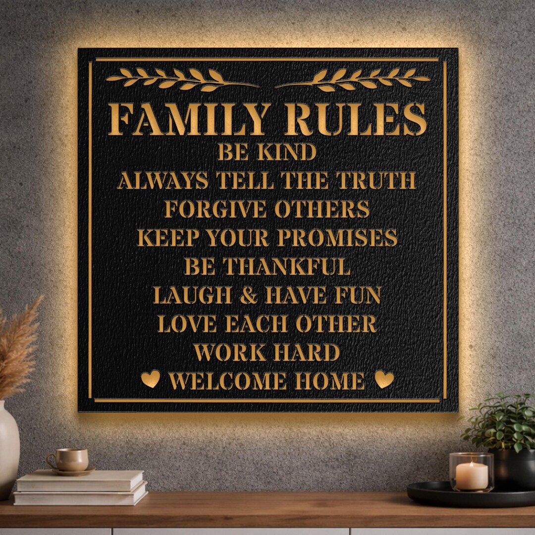 Family Rules Metal Sign, Oversized Rustic Farmhouse Decor, Optional LED ...