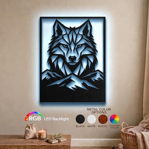 Decorazione murale in metallo a forma di testa di lupo geometrica, grande decorazione rustica di montagna, insegna per soggiorno con LED RGB opzionale, regalo di anniversario unico per lui