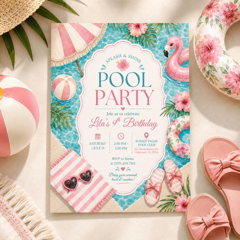 May include: A rectangular pool party invitation card featuring a watercolour illustration of a swimming pool with a pink flamingo float, a striped umbrella, a beach towel, heart-shaped sunglasses, and sandals, with text reading Splash & Shine Pool Party.