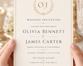 Elegant Gold Wedding Invitation, Minimalist Formal Wedding Invite, Editable Canva Template, Printable Digital Download