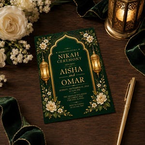 K&ouml;nnte beinhalten: Eine rechteckige Hochzeitseinladungskarte in Dunkelgr&uuml;n mit goldenen Akzenten, die den Text NIKAH CEREMONY, AISHA and OMAR sowie Datum, Uhrzeit und Ort enth&auml;lt. Das Design zeigt Illustrationen von zwei goldenen Laternen und wei&szlig;en Blumen.