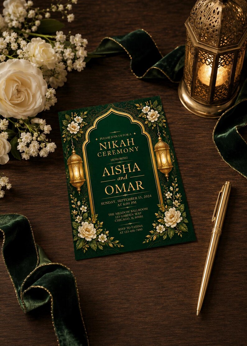 K&ouml;nnte beinhalten: Eine rechteckige Hochzeitseinladungskarte in Dunkelgr&uuml;n mit goldenen Akzenten, die den Text NIKAH CEREMONY, AISHA and OMAR sowie Datum, Uhrzeit und Ort enth&auml;lt. Das Design zeigt Illustrationen von zwei goldenen Laternen und wei&szlig;en Blumen.