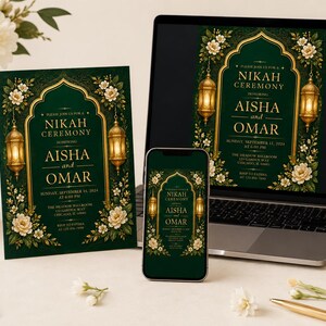 K&ouml;nnte beinhalten: Eine dunkelgr&uuml;ne Hochzeitseinladungskarte, ein Smartphone und ein Laptop-Bildschirm mit einer Einladung zur Nikah-Zeremonie f&uuml;r Aisha und Omar. Das Design zeigt goldene Torb&ouml;gen, leuchtende Laternen und wei&szlig;e Blumenakzente.
