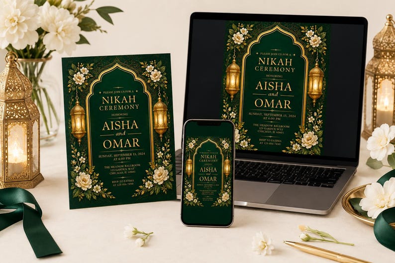 K&ouml;nnte beinhalten: Eine dunkelgr&uuml;ne Hochzeitseinladungskarte, ein Smartphone und ein Laptop-Bildschirm mit einer Einladung zur Nikah-Zeremonie f&uuml;r Aisha und Omar. Das Design zeigt goldene Torb&ouml;gen, leuchtende Laternen und wei&szlig;e Blumenakzente.