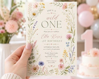 May include: A rectangular birthday invitation card with a cream background, featuring a watercolor floral border of daisies, lavender, and wildflowers. The text reads: She's a wild ONE, Ella Rose's 1st Birthday, Saturday, May 9th, at 2 o'clock.
