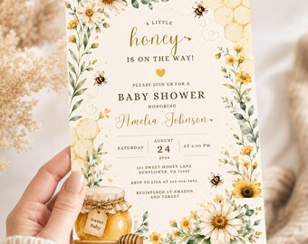 Sweet Little Honey Baby Shower Invitation Template, Bee Floral Baby Shower Invite, Editable Printable Digital Invite