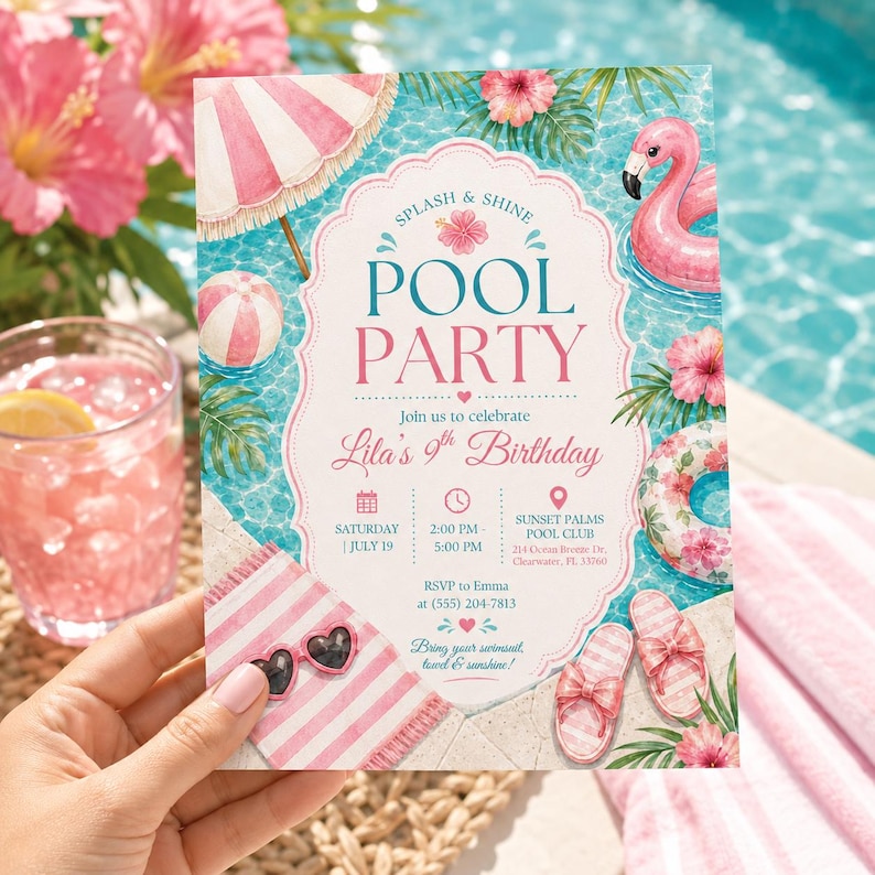 Pool Party Birthday Invitation, Flamingo Summer Swim Party Invite, Editable Canva Template image 1