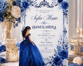 Blue Quinceañera Invitation Editable Canva Template, Royal Blue Floral Princess Birthday Invite, Sweet 15 Party