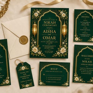 K&ouml;nnte beinhalten: Ein dunkelgr&uuml;nes Hochzeitspapeterie-Set mit goldenen Bogenrahmen, Blumenillustrationen und h&auml;ngenden Laternen. Das Set enth&auml;lt eine Einladung zur Nikah-Zeremonie, ein Men&uuml;, eine Antwortkarte, eine Detailkarte, ein Willkommensschild und einen Geschenkanh&auml;nger.