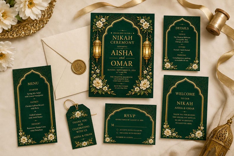K&ouml;nnte beinhalten: Ein dunkelgr&uuml;nes Hochzeitspapeterie-Set mit goldenen Bogenrahmen, Blumenillustrationen und h&auml;ngenden Laternen. Das Set enth&auml;lt eine Einladung zur Nikah-Zeremonie, ein Men&uuml;, eine Antwortkarte, eine Detailkarte, ein Willkommensschild und einen Geschenkanh&auml;nger.