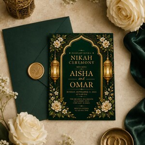 K&ouml;nnte beinhalten: Eine rechteckige Hochzeitseinladungskarte in Dunkelgr&uuml;n mit Goldfolienakzenten, verziert mit einem Bogenrahmen, h&auml;ngenden Laternen und wei&szlig;en Blumenillustrationen. Der Text lautet: Please join us for a Nikah Ceremony honoring Aisha and Omar.