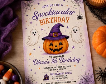 Spooktacular Birthday Invitation, Editable Canva Template, Cute Halloween Party Invite, Ghost Pumpkin Kids Birthday Download