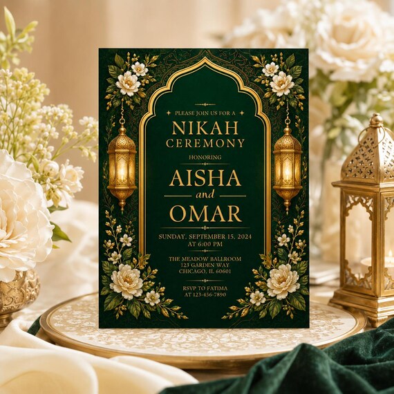Nikah Invitation, Emerald Green Gold Muslim Wedding Invite, Islamic Ceremony Editable Canva Template, Instant Download