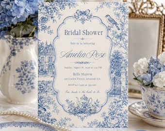 Blue Toile Bridal Shower Invitation, French Cottage Tea Party Bridal Invite, Editable Canva Template Digital Download