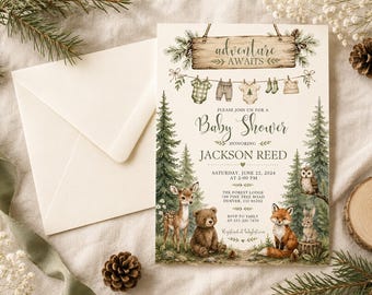 Woodland Baby Shower Invitation, Forest Animals Boy Baby Shower, Adventure Awaits Editable Canva Template, Instant Download