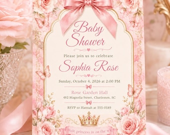 Princess Baby Shower Invitation, Pink Floral Bow Baby Girl Shower Invite, Editable Canva Template Digital Download
