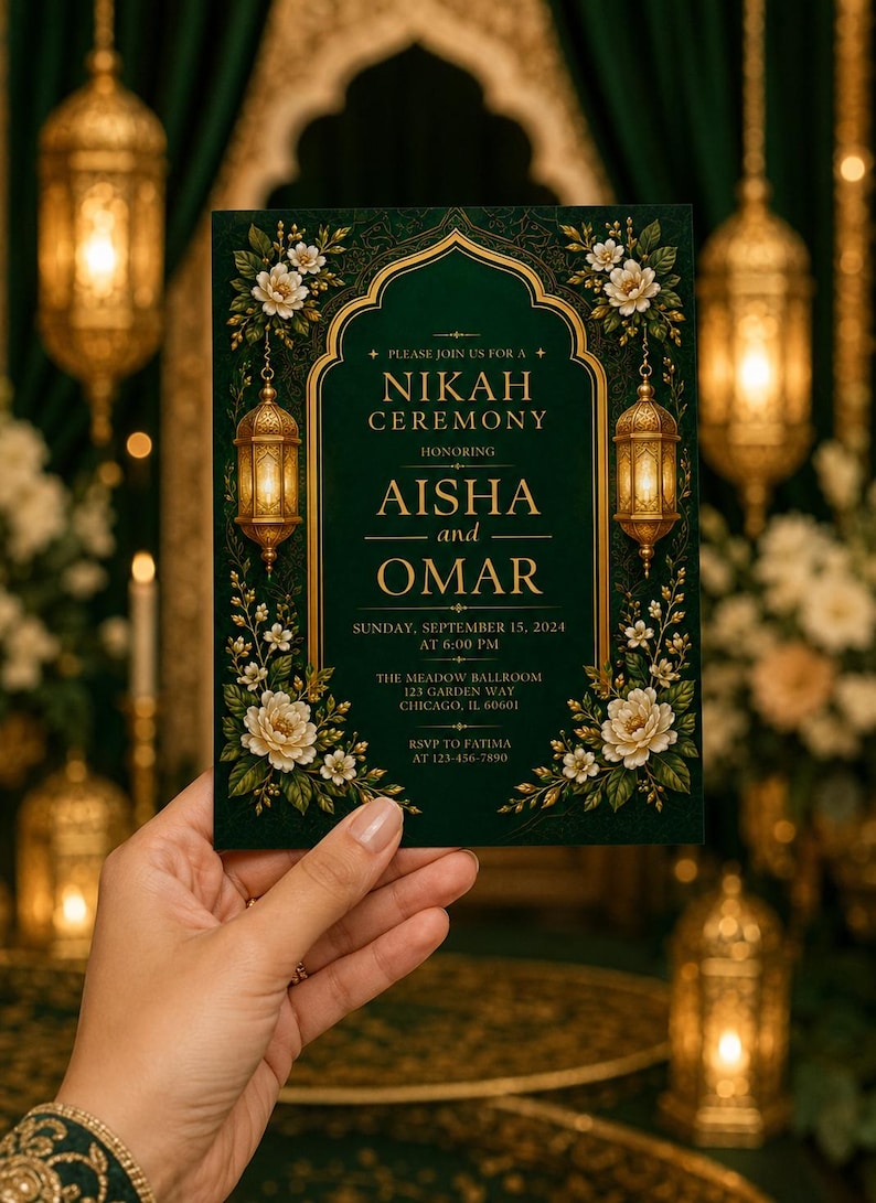 K&ouml;nnte beinhalten: Eine rechteckige, dunkelgr&uuml;ne Einladungskarte f&uuml;r eine Nikah-Zeremonie mit goldenem Text und verzierten Goldr&auml;ndern. Das Design enth&auml;lt Illustrationen von h&auml;ngenden Laternen und wei&szlig;en Blumenarrangements auf beiden Seiten des Textes.