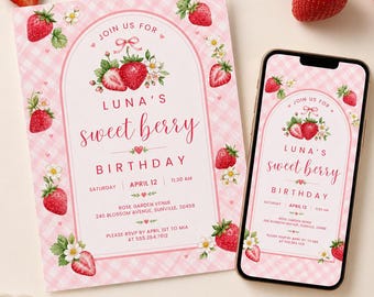 Strawberry Sweet Berry Birthday Invitation, Pink Party Invite (Digital Download)