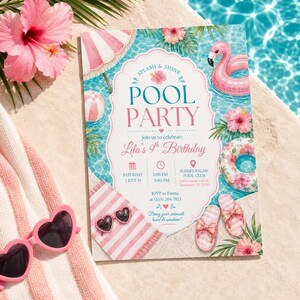 Pool Party Birthday Invitation, Flamingo Summer Swim Party Invite, Editable Canva Template image 2