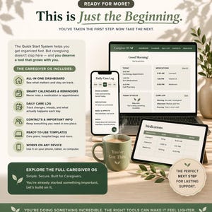 Caregiver OS digital caregiving system with dashboard, medication tracking, calendars, reminders, and daily care logs for long-term caregiver organization.