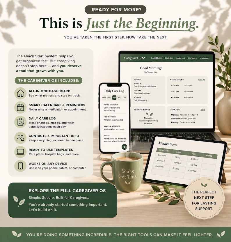 Caregiver OS digital caregiving system with dashboard, medication tracking, calendars, reminders, and daily care logs for long-term caregiver organization.