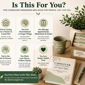 May include: A caregiver organizer and support system set including a notebook titled Caregiver Organizer and Support System, a green mug with the text You've Got This, a desk organizer with labeled dividers, a spiral notebook, and a pen.