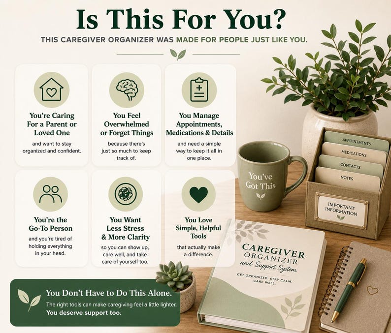 May include: A caregiver organizer and support system set including a notebook titled Caregiver Organizer and Support System, a green mug with the text You've Got This, a desk organizer with labeled dividers, a spiral notebook, and a pen.