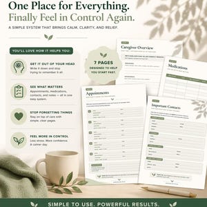 Caregiver planner printable with medication tracker, appointment planner, and important contact pages designed to reduce stress and keep caregiving organized.