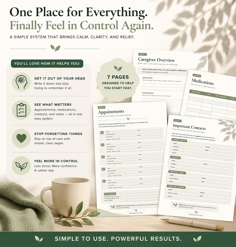 Caregiver planner printable with medication tracker, appointment planner, and important contact pages designed to reduce stress and keep caregiving organized.