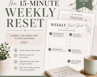 15 Minute Weekly Reset for Overwhelmed Moms | Low Energy Weekly Planning Pad | Simple Home Reset Checklist | Fillable PDF