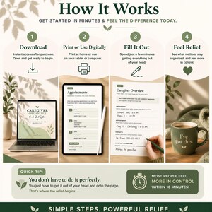 How to use the caregiver organizer printable PDF by downloading, printing or using digitally, filling out care information, and feeling more organized and in control.