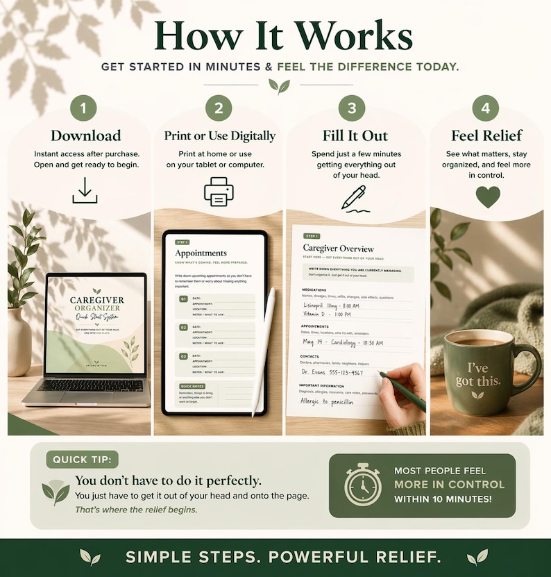 How to use the caregiver organizer printable PDF by downloading, printing or using digitally, filling out care information, and feeling more organized and in control.