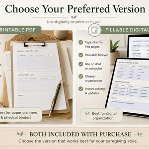 Comparison of printable caregiver PDF and fillable digital caregiver planner for iPad, tablet, and computer use with both versions included