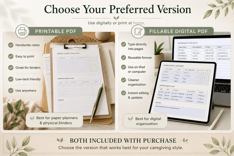Comparison of printable caregiver PDF and fillable digital caregiver planner for iPad, tablet, and computer use with both versions included