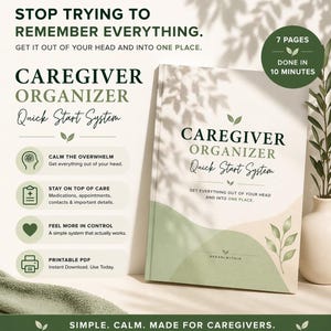 Caregiver organizer printable PDF for overwhelmed caregivers helping manage medications, appointments, contacts, and important care information in one calm and simple system.