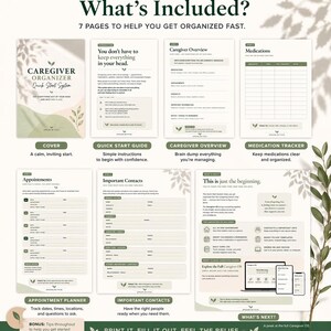 Caregiver organizer PDF showing all included pages including medication tracker, appointments, caregiver overview, contacts, and quick start guide