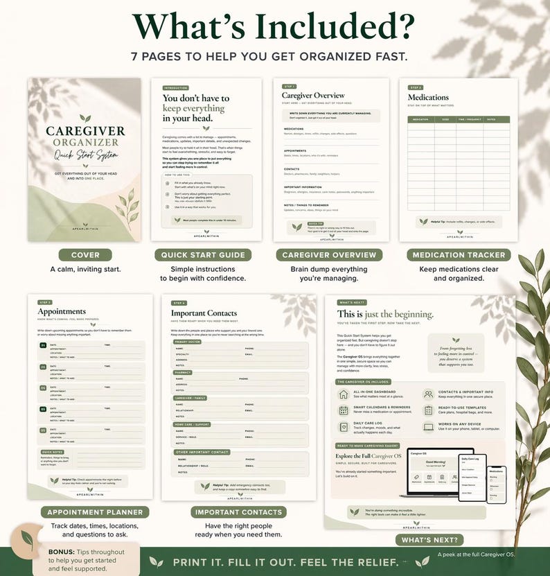 Caregiver organizer PDF showing all included pages including medication tracker, appointments, caregiver overview, contacts, and quick start guide