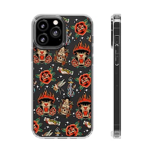 May include: Clear phone case featuring a repeating tattoo-style design. The pattern includes red roses, panthers with flames, skulls, and other traditional tattoo elements. The case is designed to fit a smartphone.