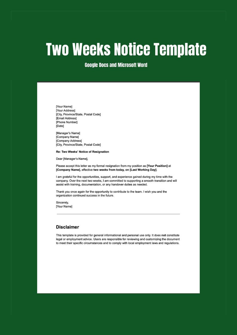Two Weeks Notice Template | Editable Resignation Letter | Word & Google ...