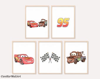 Lightning McQueen Mater 95 Print Set of 5, Nursery Wall Art Decor, Race Car Theme Poster Bundle