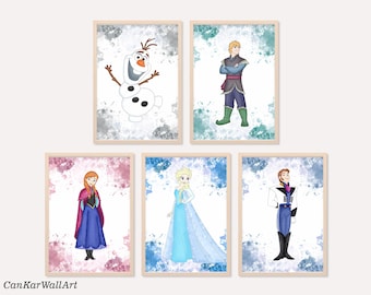 Watercolor Ice Princess Wall Art Set of 5, Frozen Inspired Digital Prints, Snow Queen Poster, Nursery Decor